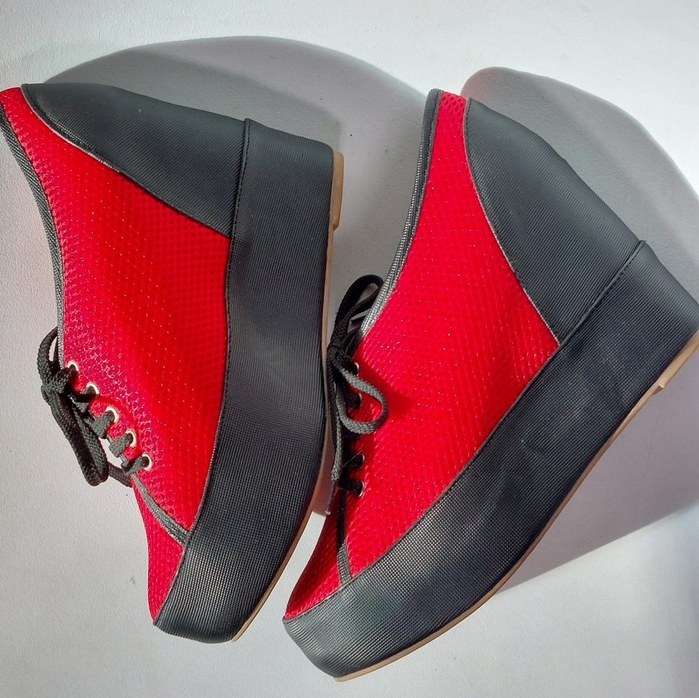 Jeffrey Campbell Red and Black Platform Wedge Sneakers